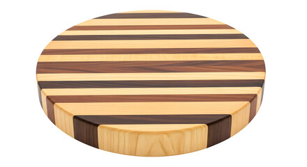 Circular wooden cutting board with striped pattern and side handle isolated on transparent background