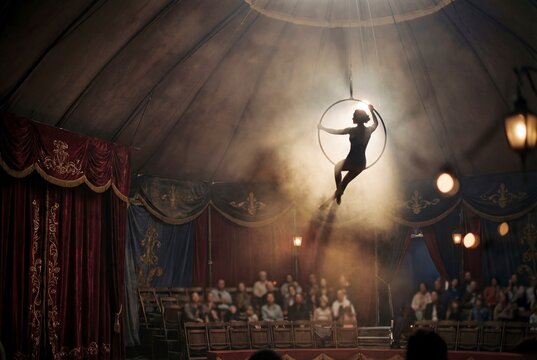 Ethereal Aerialist Silhouette Performing on Hoop in Vintage Circus Tent