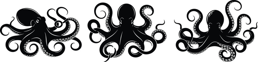 Black octopus silhouette set with detailed tentacles, vintage engraved style, marine sea creature illustration isolated on white background for tattoo, logo, and design use © MdHarunur