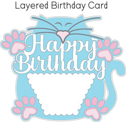 Happy Birthday card with cats,  Layered paper cut designs for cutting, Greeting card 