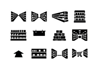 Grocery Aisle. Solid icon set of Grocery Aisle: long aisle shelves, shopping aisle view, shelf perspective, end cap display, product rows,
