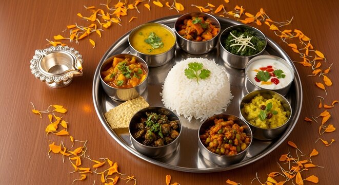 Traditional Indian Festive Meal with Sweets and Savories for Mahavir Jayanti Celebrations