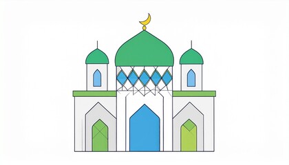 Fototapeta premium Colorful mosque illustration with golden crescent and green domes vector design