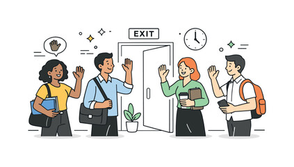 End of workday. Team members exchanging friendly waves near the office exit. Light social interaction and shared sense of wrapping up work.