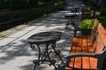 Ławki w Arboretum w Wojsławicach wśród kwitnących krzewów © Ewa