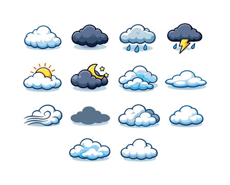 Clouds. Colorful isometric vector icons set of Clouds: fluffy white cloud, dark storm cloud, rain cloud drops, thunder cloud lightning, cloud