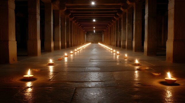 A long stone corridor in an ancient temple illuminated by a symmetrical line of flickering oil lamps creating a serene and spiritual pathway