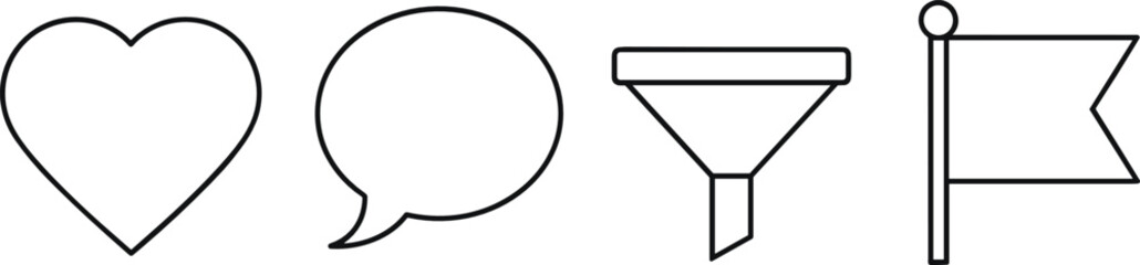 User interface outline icon set with heart, speech bubble, filter funnel, and flag symbols for app design