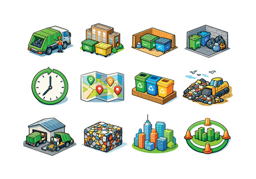 Urban waste management. Colorful isometric vector icons set of urban waste management: city street pickup, apartment dumpsters, waste