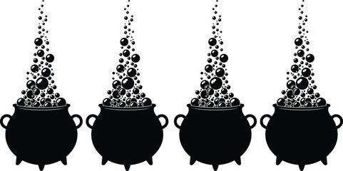 Set of black witch cauldron silhouettes with bubbling magic potion and rising steam, spooky halloween elements for witchcraft, sorcery, and mystical laboratory designs, © MOSTSUMAIYA