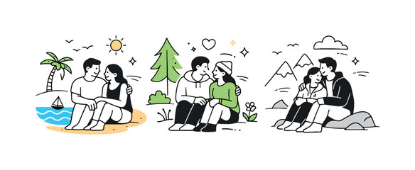 Obraz premium Couples in nature (beach, forest, mountains). A friendly scene of a couple sitting together outdoors, sharing a quiet conversation surrounded