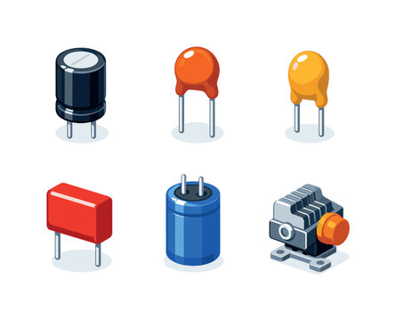 Capacitors assortment. Isometric flat vector icons set of capacitors assortment: electrolytic capacitor, ceramic capacitor,