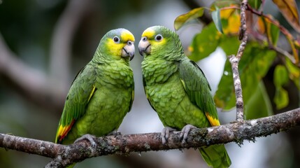 Fototapeta premium Yellow crowned amazon parrots perching on branch in nature