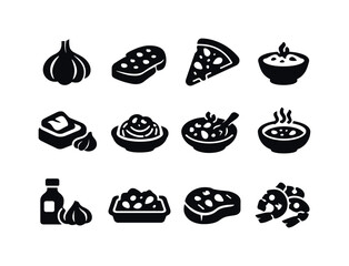 Garlic Food Icons. Solid icon set of Garlic Food Icons: garlic bulb, garlic bread, garlic pizza slice, garlic sauce bowl, garlic butter,