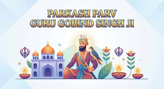 Guru Gobind Singh Ji Parkash Parv celebration with Sikh temple, spiritual leader, falcon, and diyas