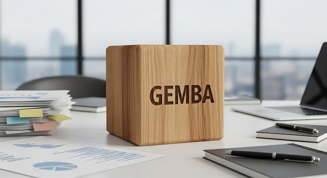 Gemba Wooden Block on Office Desk.