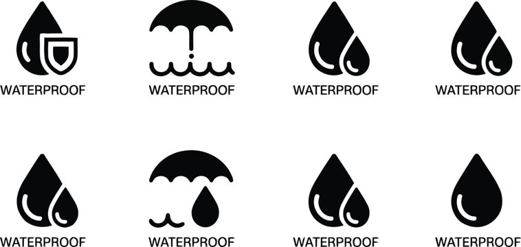 A set of eight black waterproof icons showing water drops, protective shields, and umbrellas