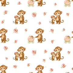 Obraz premium Seamless pattern with cute baby monkeys and pink flowers on a soft pastel background. Sweet nursery illustration with mommy and baby monkeys, stroller scene, perfect for kids fabric, wallpaper 