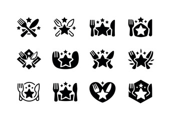 Obraz premium Celebratory meal. Icon set. Set Logo of celebratory meal: utensils and star motif. harmonious logo variations of the same emblematic concept,