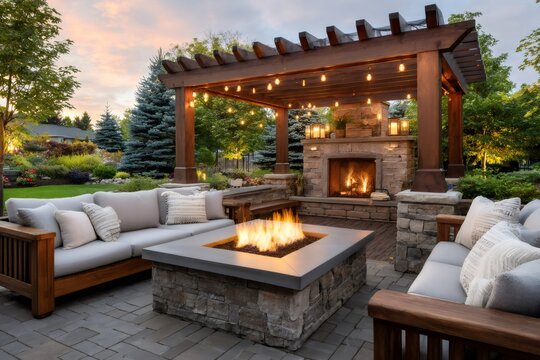 Luxury outdoor living patio with fire pit and fireplace