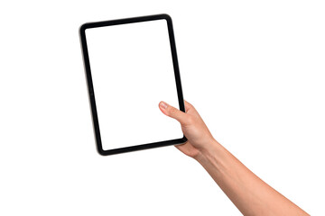 Hand holding modern tablet mockup with blank screen isolated on transparent background. Tablet PC with empty display for copy space.