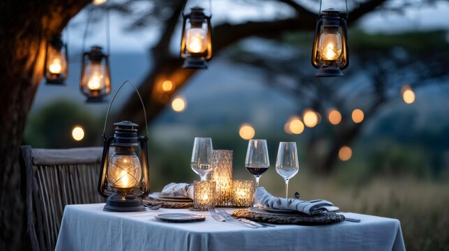 Romantic lantern lit outdoor dining evening safari