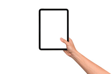 Hand holding modern tablet mockup with blank screen isolated on transparent background. Tablet PC with empty display for copy space.
