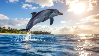 Fototapeta premium Majestic dolphin leaping from ocean waves under a vibrant sunny sky