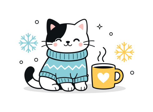 Winter pets fashion. A cat dressed in a simple winter sweater, sitting next to a mug and snowflake shapes, feeling cozy and