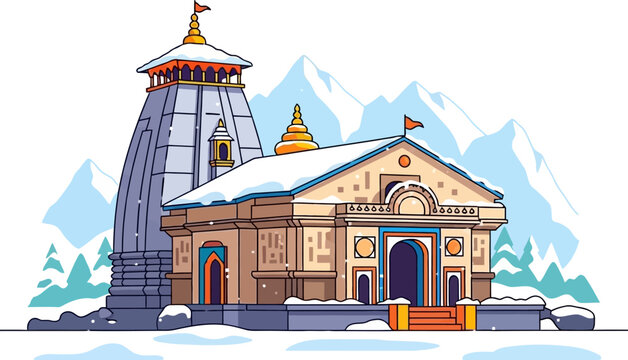 Illustration of a traditional hindu temple structure with snow capped mountains