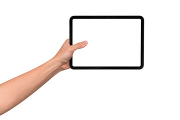 Hand holding modern tablet mockup with blank screen isolated on transparent background. Tablet PC with empty display for copy space.