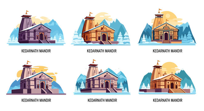 Illustrations of kedarnath temple in varying styles and perspectives