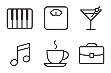 Minimalist icons depicting music weight drinks and lifestyle elements