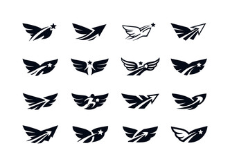 Naklejka premium Dream Logo Variations. Dream chasing. Icon set. Set Logo of dream chasing: wings and forward motion. harmonious logo variations of the same emblematic concept,