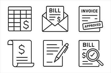 Collection of line art icons representing bills invoices and financial documents
