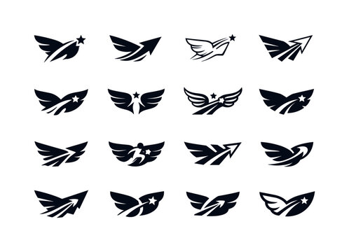 Dream Logo Variations. Dream chasing. Icon set. Set Logo of dream chasing: wings and forward motion. harmonious logo variations of the same emblematic concept,