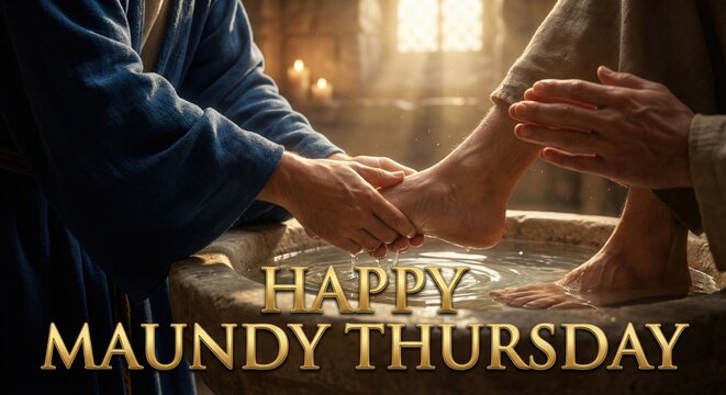Happy Maundy Thursday Jesus washing disciples feet symbolic religious scene of humility and service