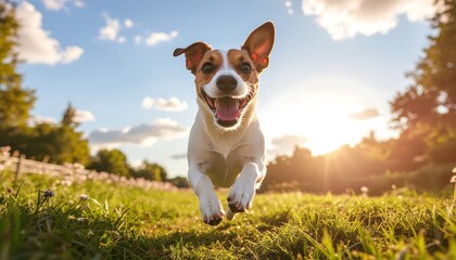 Exuberant Dog Running Through Sunlit Meadow at Golden Hour