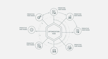 Obraz premium Circular business process infographic vector diagram with central hub and connected icons representing strategy planning optimization marketing finance operations and analytics modern flat outline st