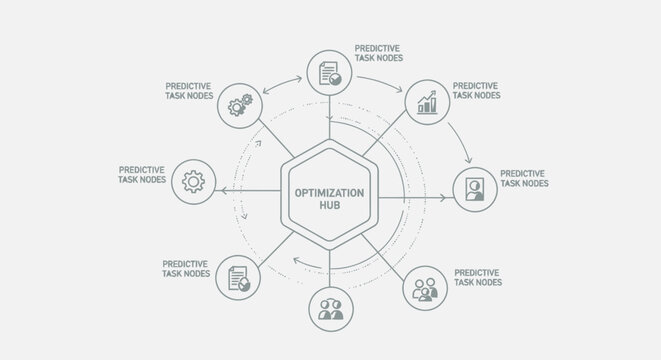 
Circular business process infographic vector diagram with central hub and connected icons representing strategy planning optimization marketing finance operations and analytics modern flat outline st