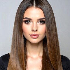 Fototapeta premium A portrait of a woman with long, straight brown hair and subtle makeup, a neutral background highlighting her features