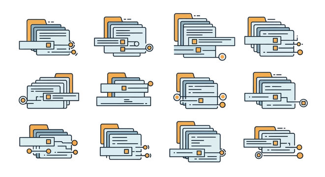 Office printer and multifunction copier machine vector illustration set in flat style showing printing scanning copying and document workflow equipment isolated on white background ideal for business 