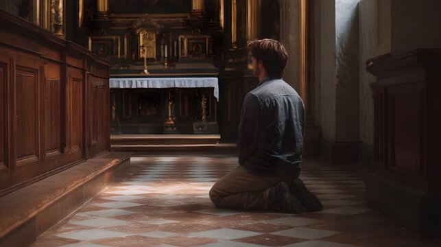 A contemplative young man kneels in prayer before the ornate altar of a solemn church interior