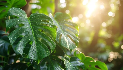 Monstera leaves glistening with water droplets in sunlight