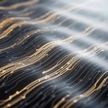 Abstract Golden Wavy Circuit Board Lines on Dark Background representing Fluid Data Flow and High Speed Fiber Optic Connectivity