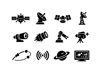 Obraz premium Space Probes. Solid icon set of Space Probes: space probe, satellite dish, solar panels, antenna mast, deep space camera,