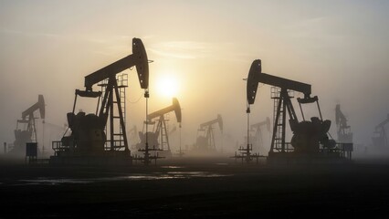Oil pumps silhouetted at dusk energy production and industrial landscape