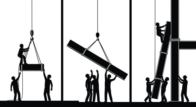 PrintSet of black construction worker silhouettes lifting heavy steel beams with cranes and building infrastructure isolated on white background cad drawing flat vector illustration