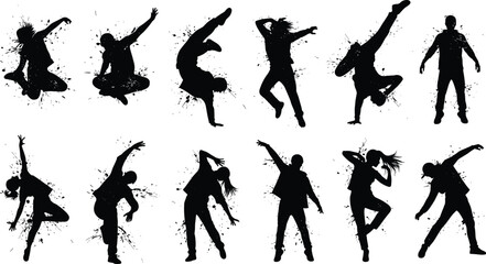 Set of black breakdance and hip hop dancer silhouettes with ink splash effects, featuring energetic urban street dance poses isolated on a white background vector. © Saminur