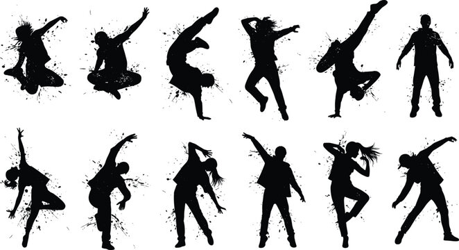 Set of black breakdance and hip hop dancer silhouettes with ink splash effects, featuring energetic urban street dance poses isolated on a white background vector.